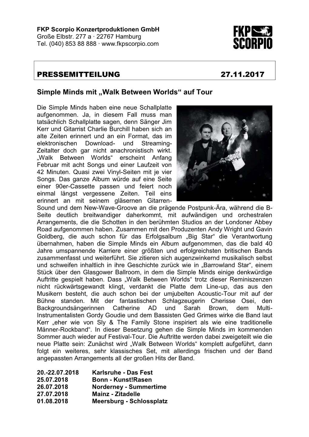 PRESSEMITTEILUNG 27.11.2017 Simple Minds Mit