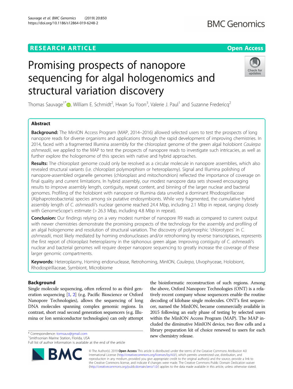 Promising Prospects of Nanopore Sequencing for Algal Hologenomics and Structural Variation Discovery Thomas Sauvage1* , William E