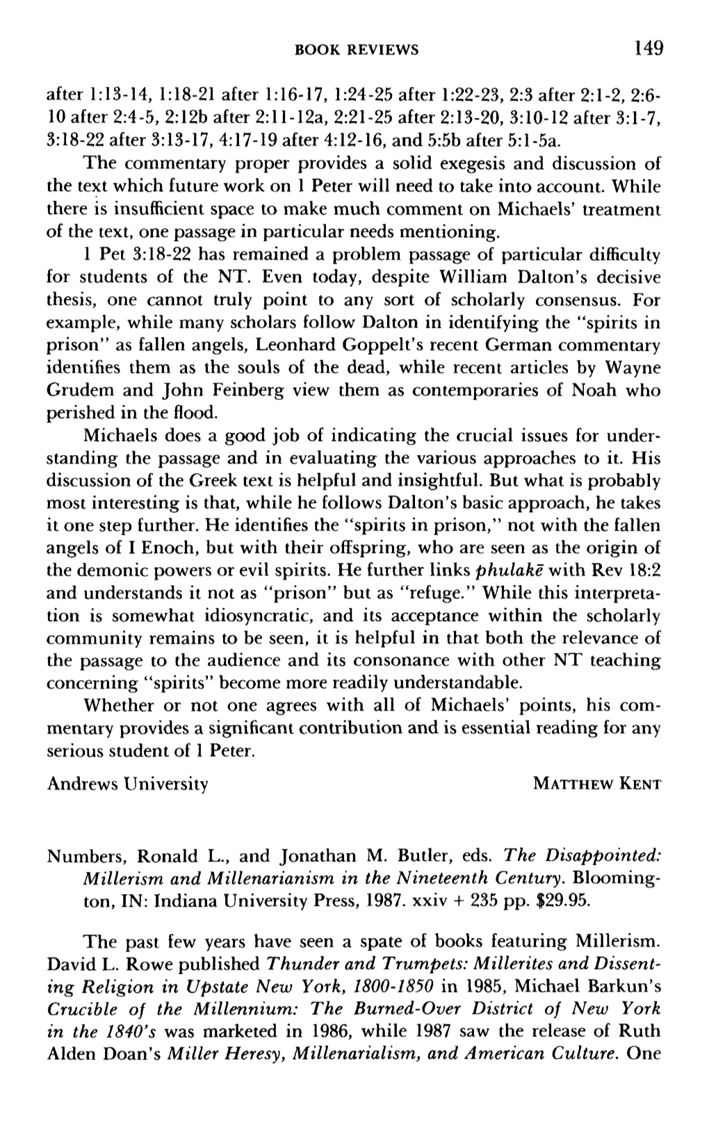 Millerism and Millenarianism in the Nineteenth Century. Blooming- Ton, IN: Indiana University Press, 1987