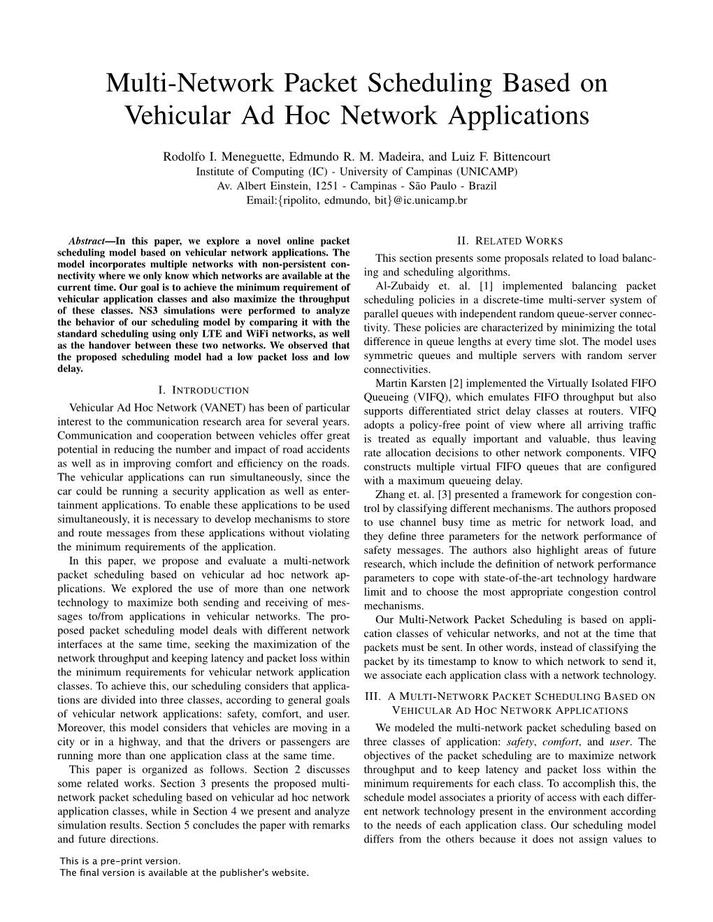 Multi-Network Packet Scheduling Based on Vehicular Ad Hoc Network Applications