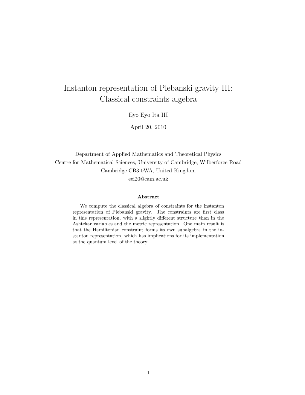 Instanton Representation of Plebanski Gravity III: Classical Constraints Algebra