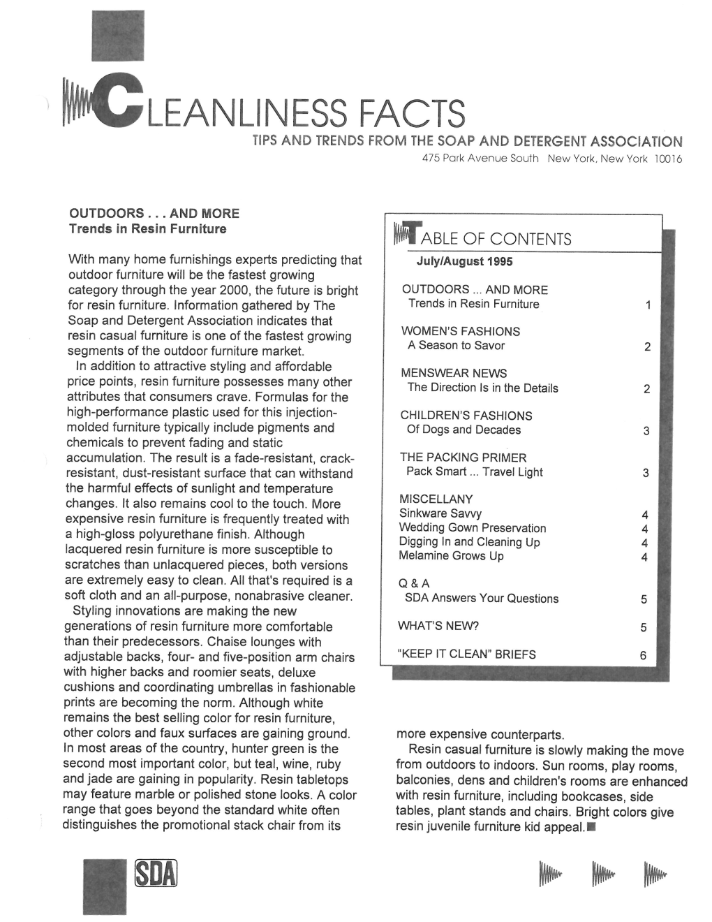 1CLEAN LI NESS FACTS TIPS and TRENDS from the SOAP and DETERGENT ASSOCIATION 475 Park Avenue South New York, New York 10016