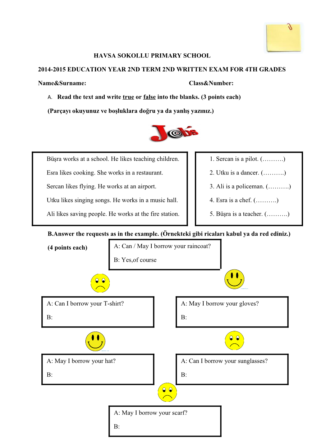 2014-2015 Education Year 2Nd Term 2Nd Written Exam for 4Th Grades