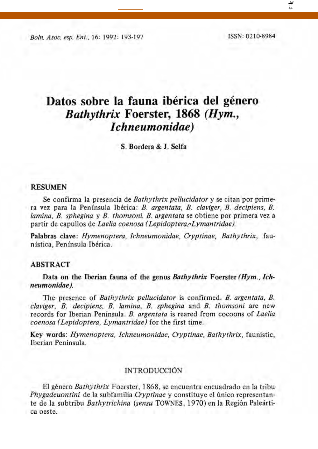 Datos Sobre La Fauna Ibérica Del Género Bathythrix Foerster, 1868 (Hym., Ichneumonidae)