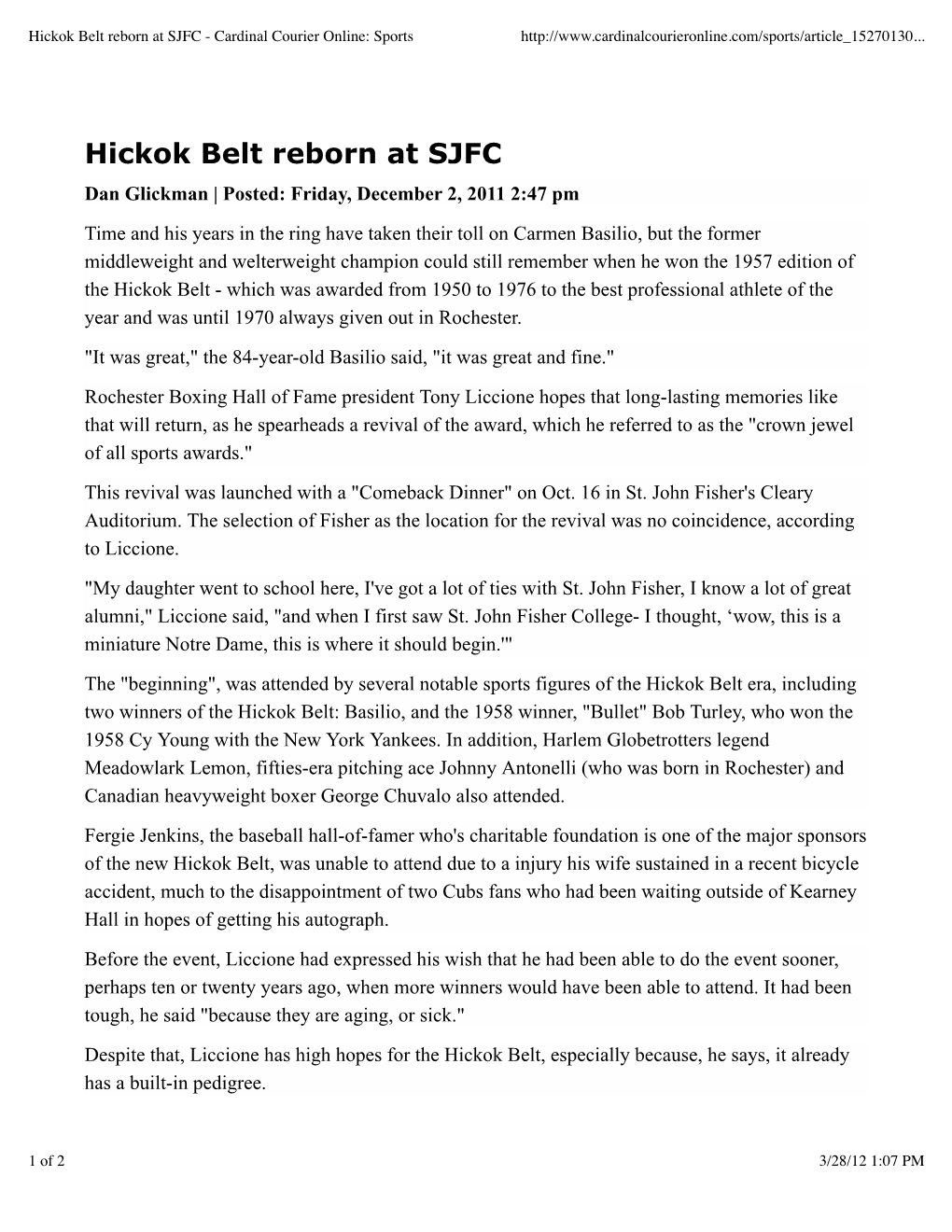 Hickok Belt Reborn at SJFC - Cardinal Courier Online: Sports