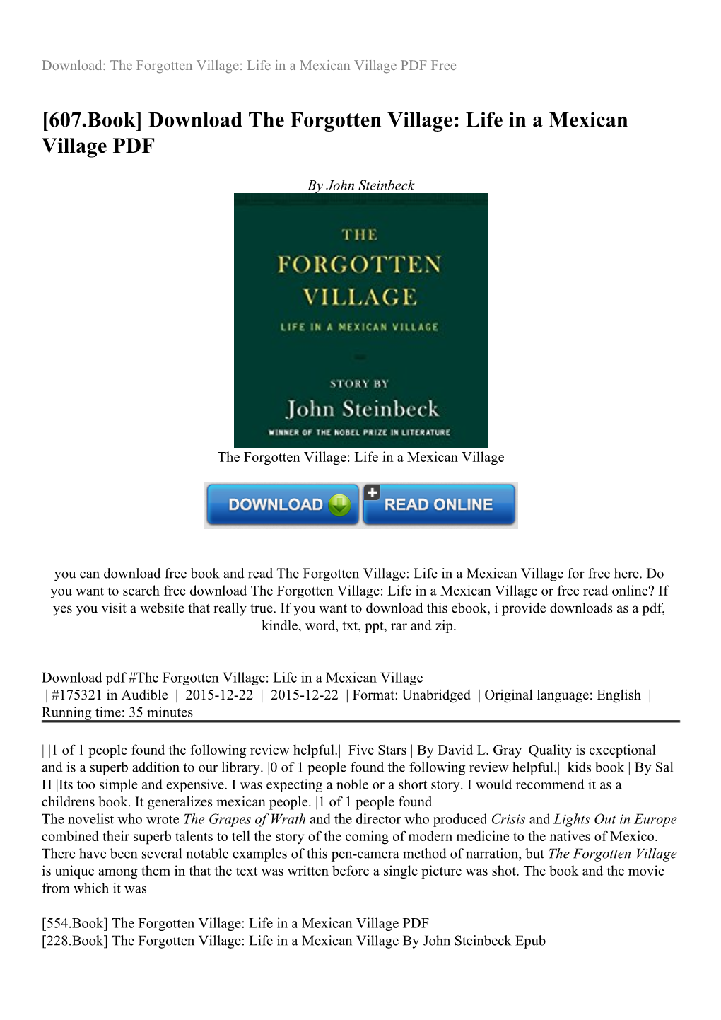 Download the Forgotten Village: Life in a Mexican Village PDF