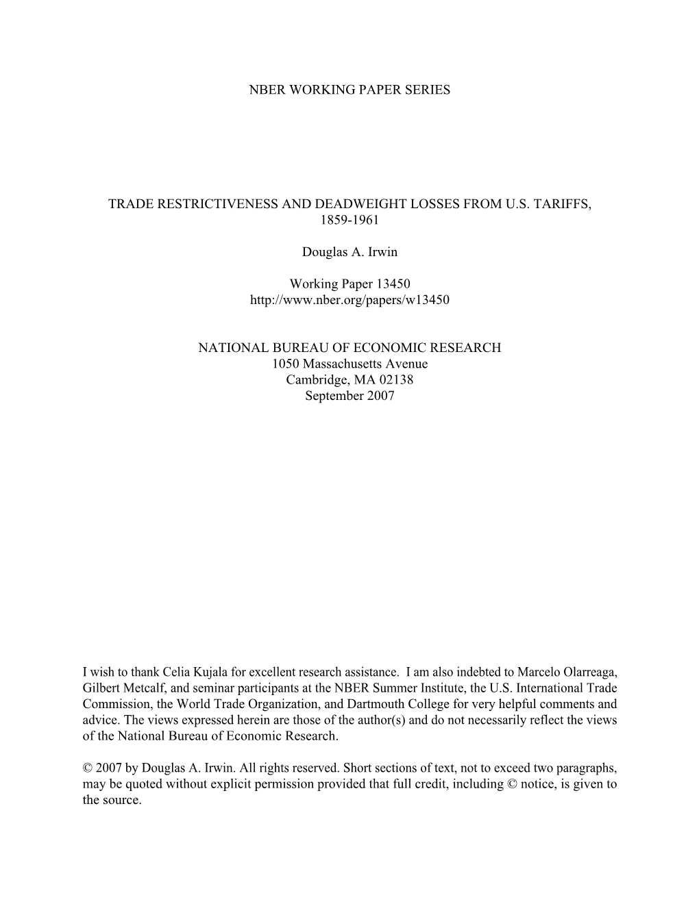 Nber Working Paper Series Trade Restrictiveness And