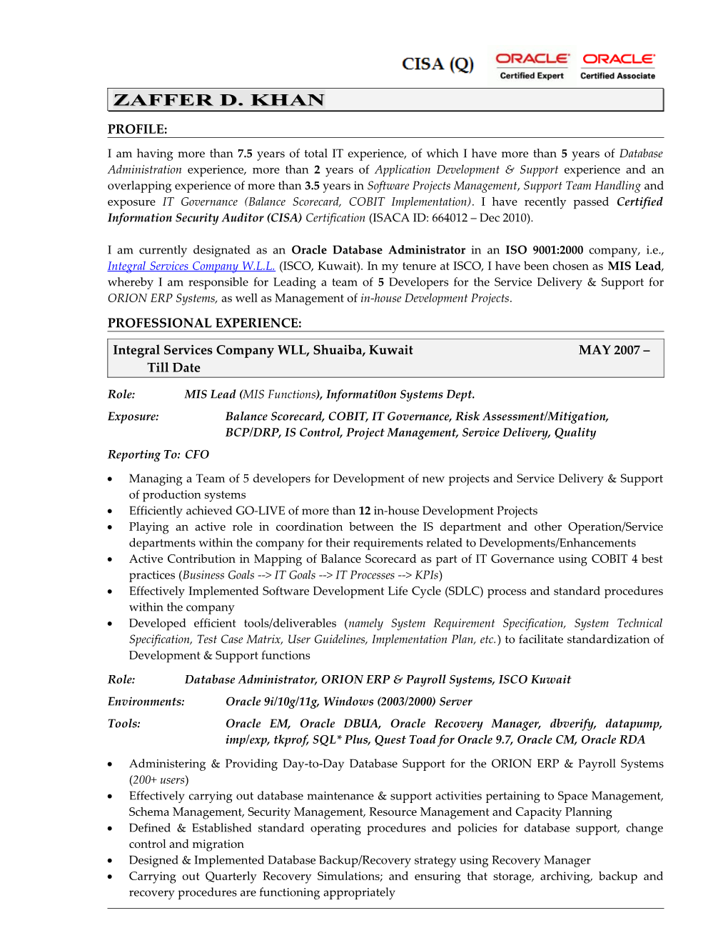 Role: MIS Lead ( MIS Functions ), Informati0on Systems Dept