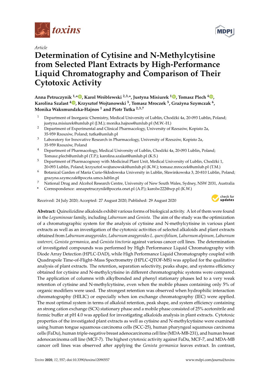 Determination of Cytisine and N-Methylcytisine from Selected Plant Extracts by High-Performance Liquid Chromatography and Comparison of Their Cytotoxic Activity