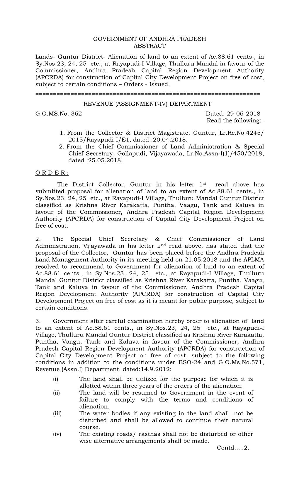 GOVERNMENT of ANDHRA PRADESH ABSTRACT Lands- Guntur District- Alienation of Land to an Extent of Ac.88.61 Cents., in Sy.Nos.23