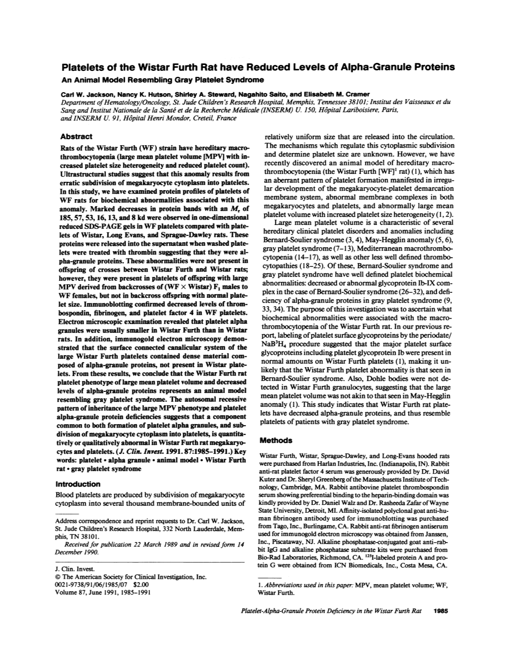 Platelets of the Wistar Furth Rat Have Reduced Levels of Alpha-Granule Proteins an Animal Model Resembling Gray Platelet Syndrome Carl W