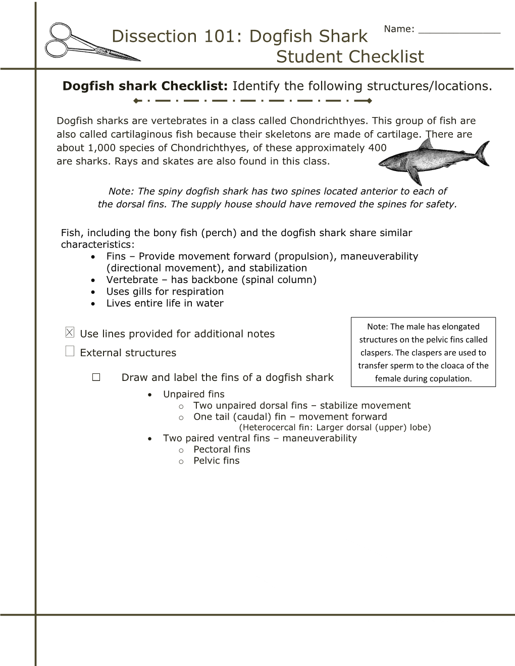 Dissection 101: Dogfish Shark Student Checklist (Continue Page 2)