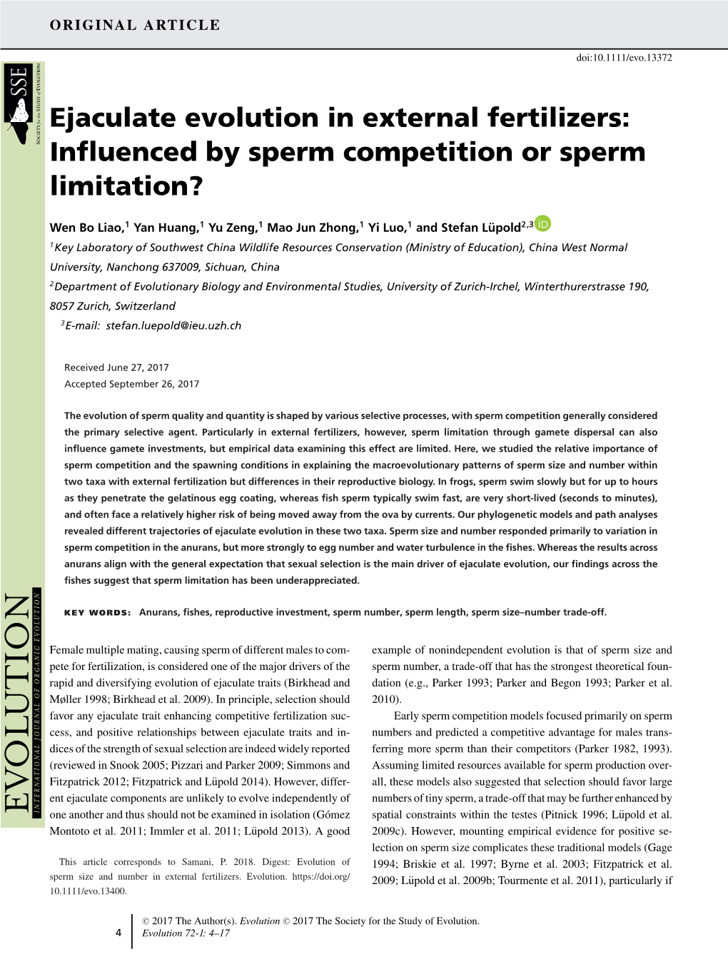 Ejaculate Evolution in External Fertilizers: Influenced by Sperm Competition Or Sperm Limitation&#X0003f