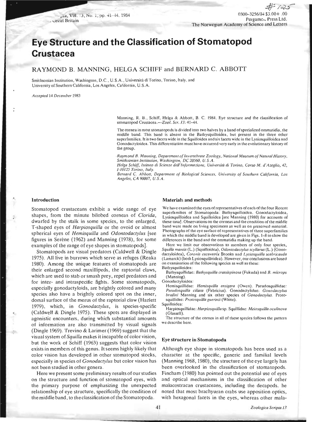 Eye Structure and the Classification of Stomatopod Crustacea