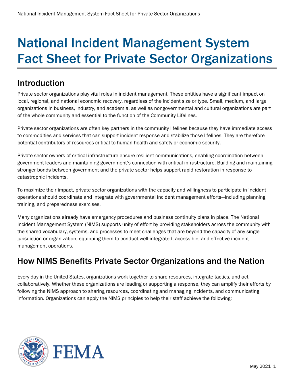 NIMS Fact Sheet for Private Sector Organizations