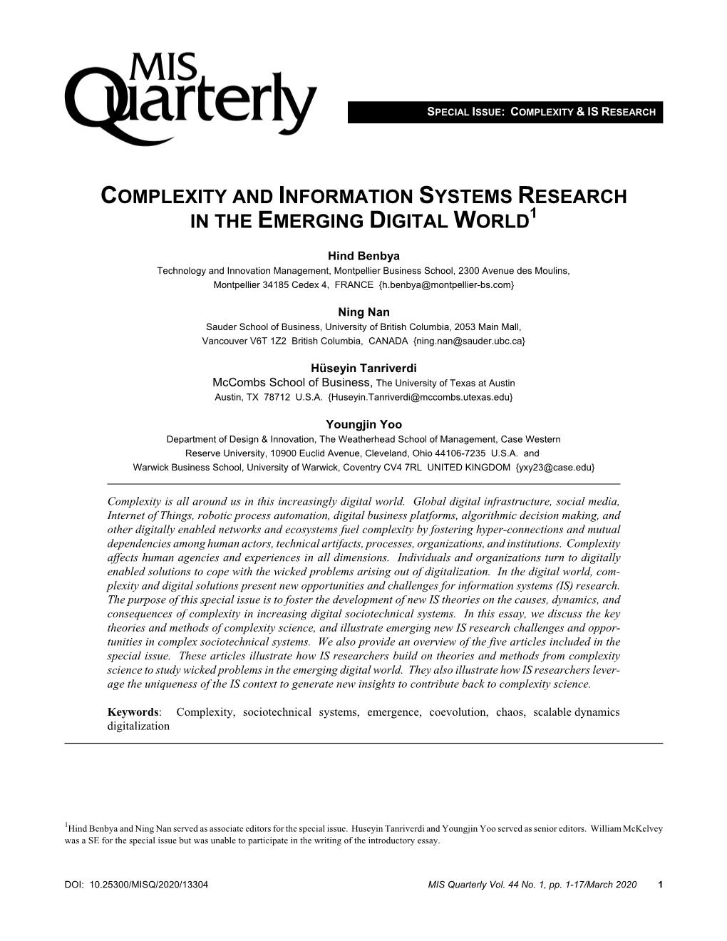 Special Issue: Complexity and Information Systems Research in the Emerging Digital World