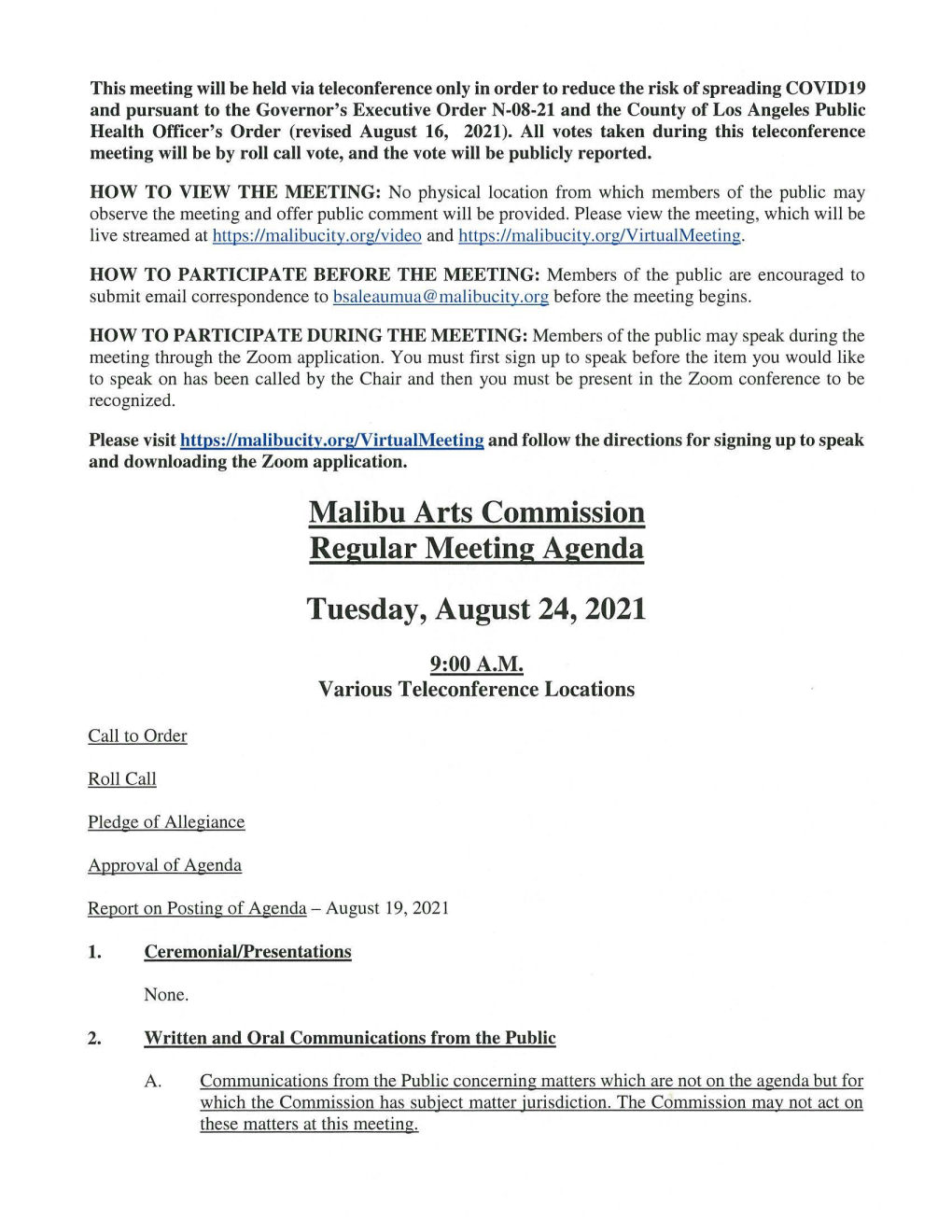 Malibu Arts Commission Regular Meeting Agenda Tuesday, August 24, 2021