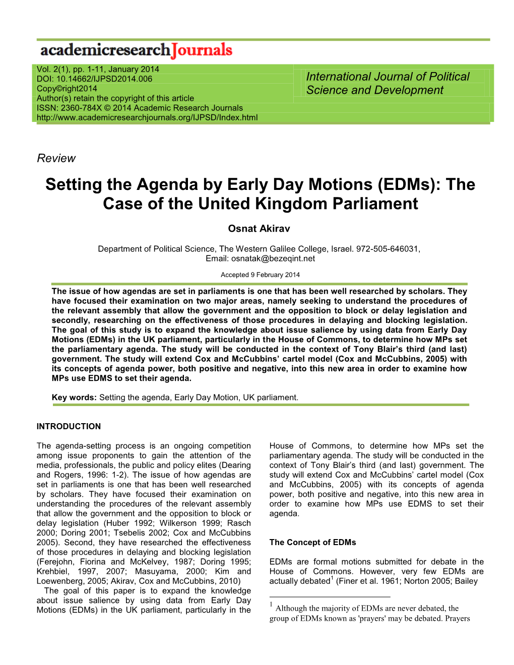 Setting the Agenda by Early Day Motions (Edms): the Case of the United Kingdom Parliament