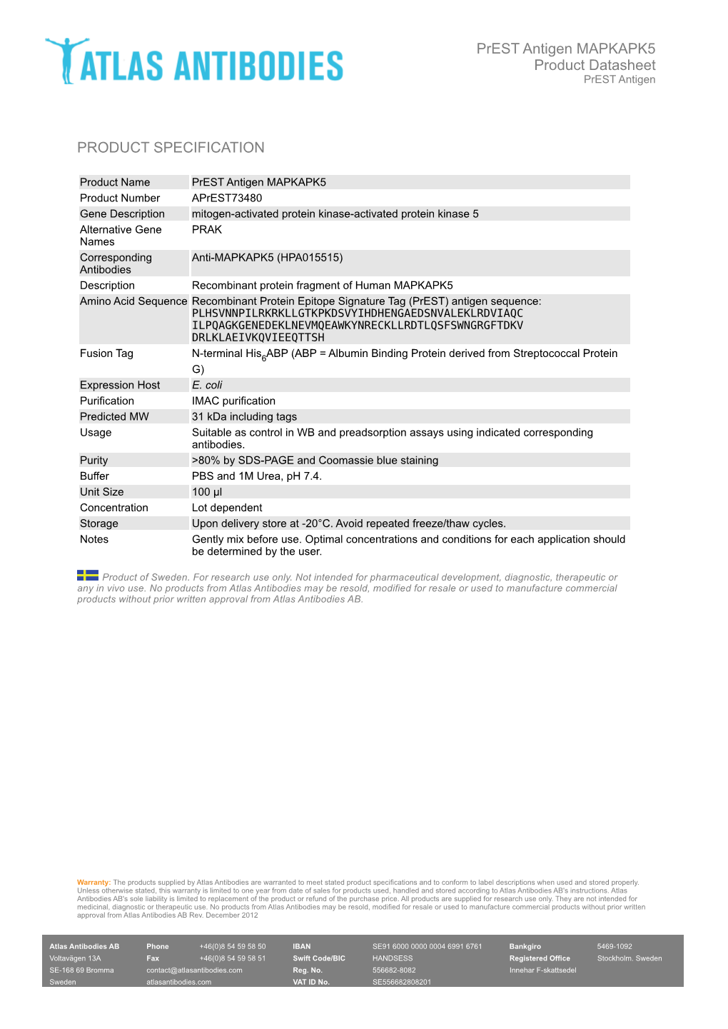 PRODUCT SPECIFICATION Prest Antigen MAPKAPK5 Product