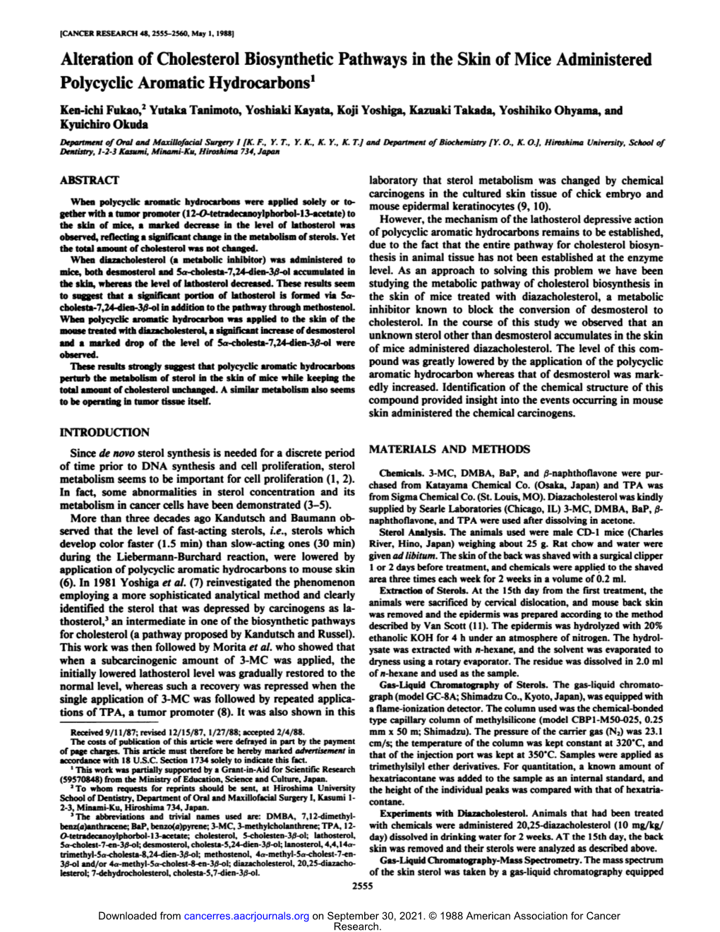 Alteration of Cholesterol Biosynthetic Pathways in the Skin of Mice Administered Polycyclic Aromatic Hydrocarbons1