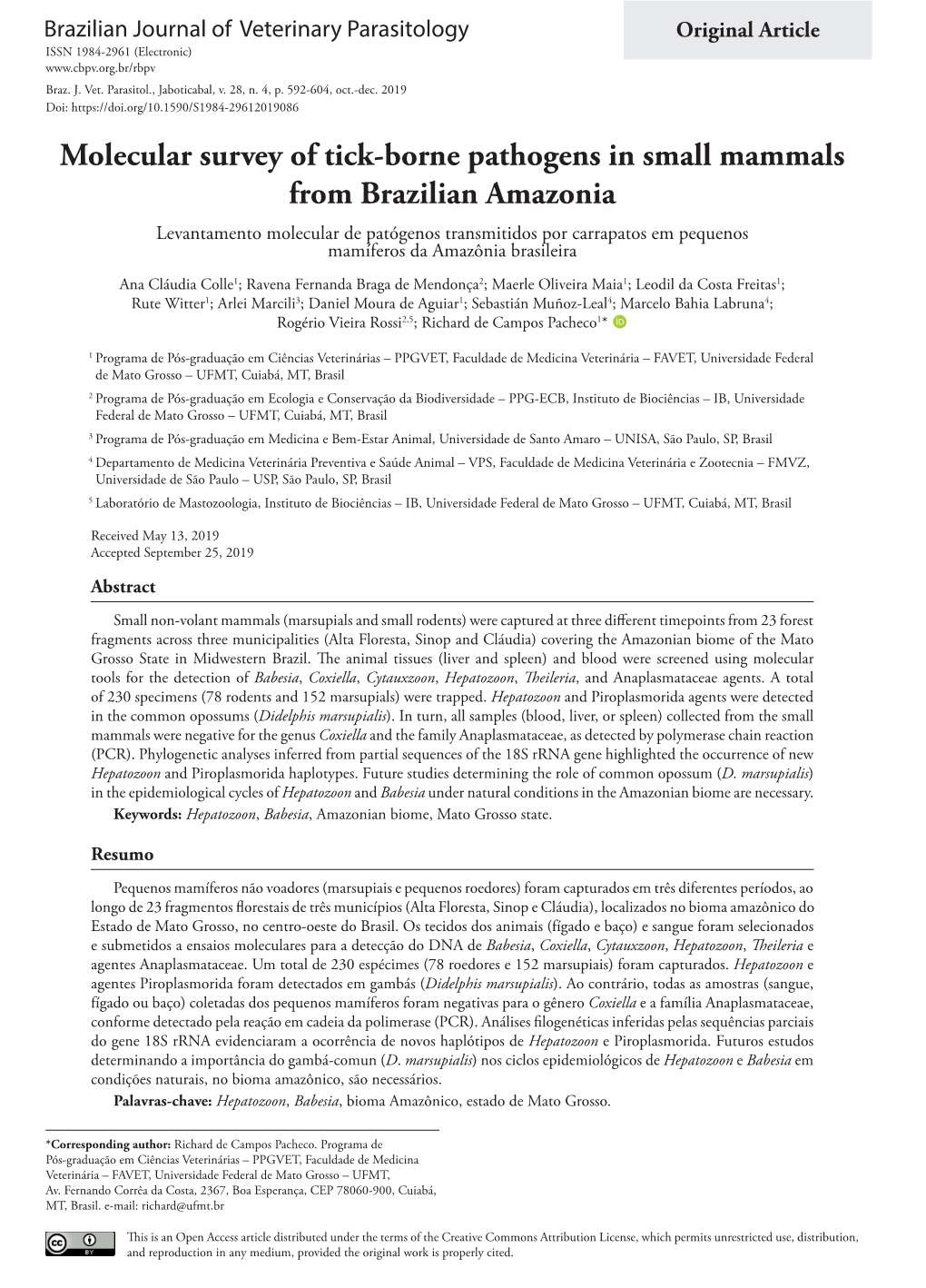 Molecular Survey of Tick-Borne Pathogens in Small Mammals From