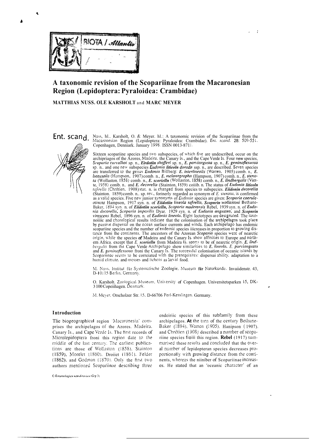 A Taxonomic Revision of the Scopariinae from the Macaronesian Region (Lepidoptera: Pyraloidea: Crambidae)