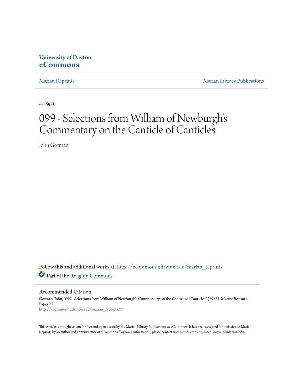 099 - Selections from William of Newburgh's Commentary on the Canticle of Canticles John Gorman