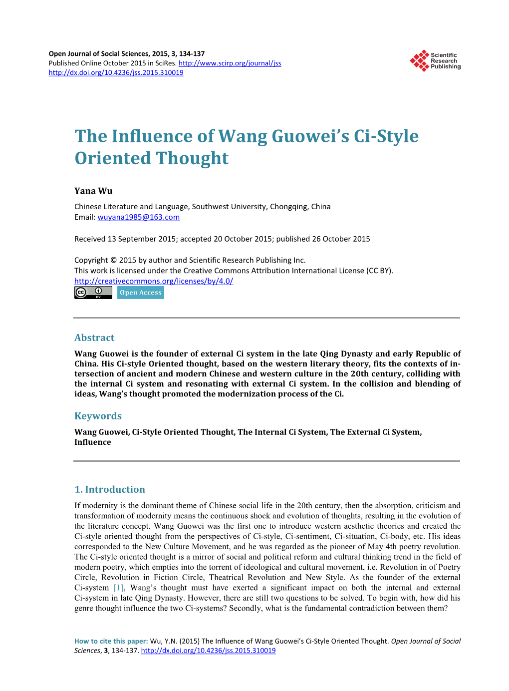 The Influence of Wang Guowei's Ci-Style Oriented Thought
