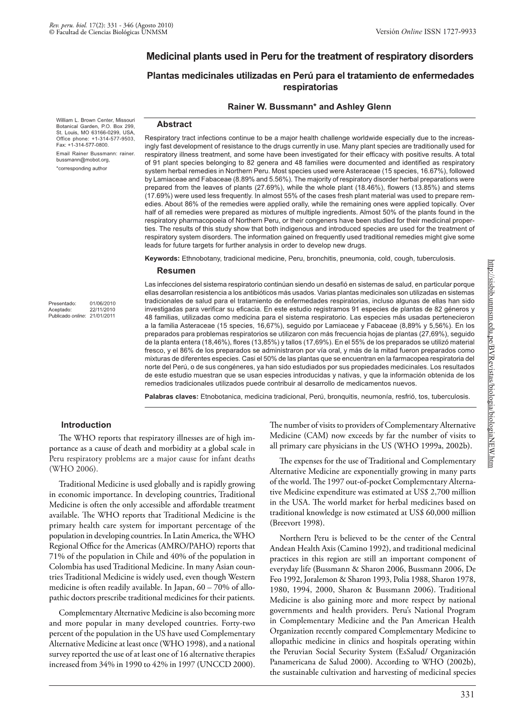 Medicinal Plants Used in Peru for the Treatment of Respiratory Disorders Plantas Medicinales Utilizadas En Perú Para El Tratamiento De Enfermedades Respiratorias