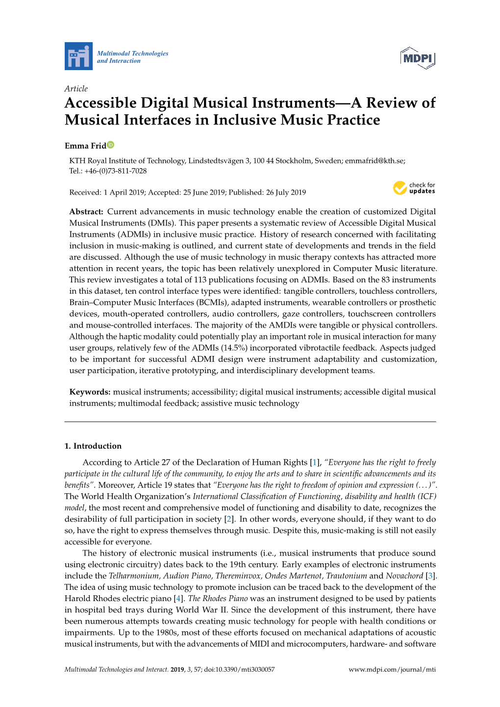 Accessible Digital Musical Instruments—A Review of Musical Interfaces in Inclusive Music Practice