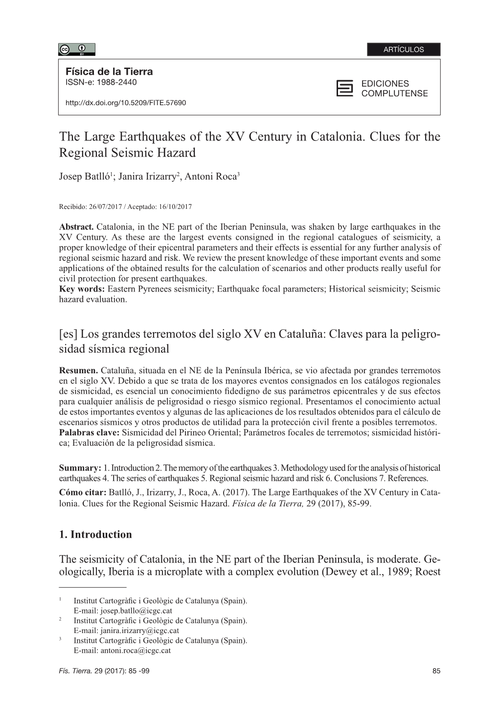 The Large Earthquakes of the XV Century in Catalonia. Clues for the Regional Seismic Hazard