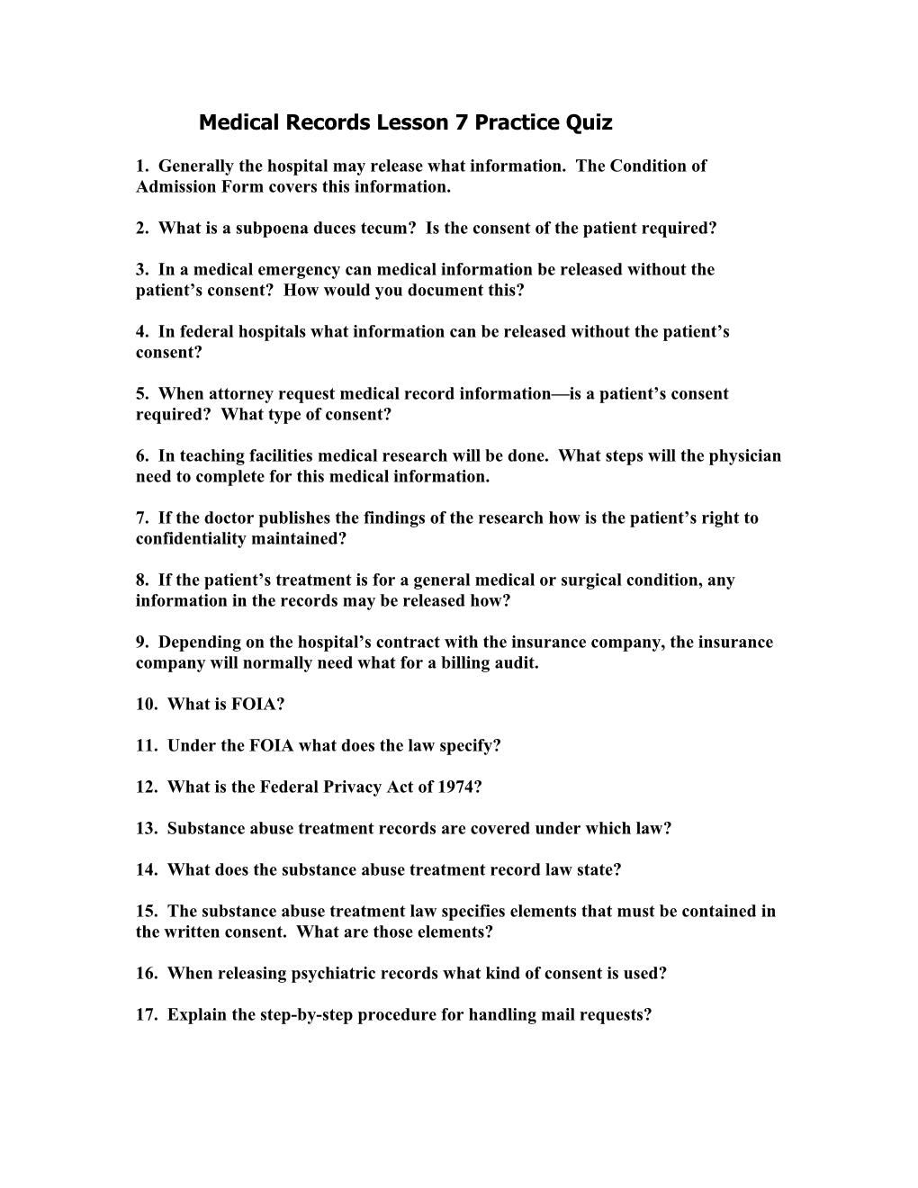 Medical Records Lesson 7 Practice Quiz