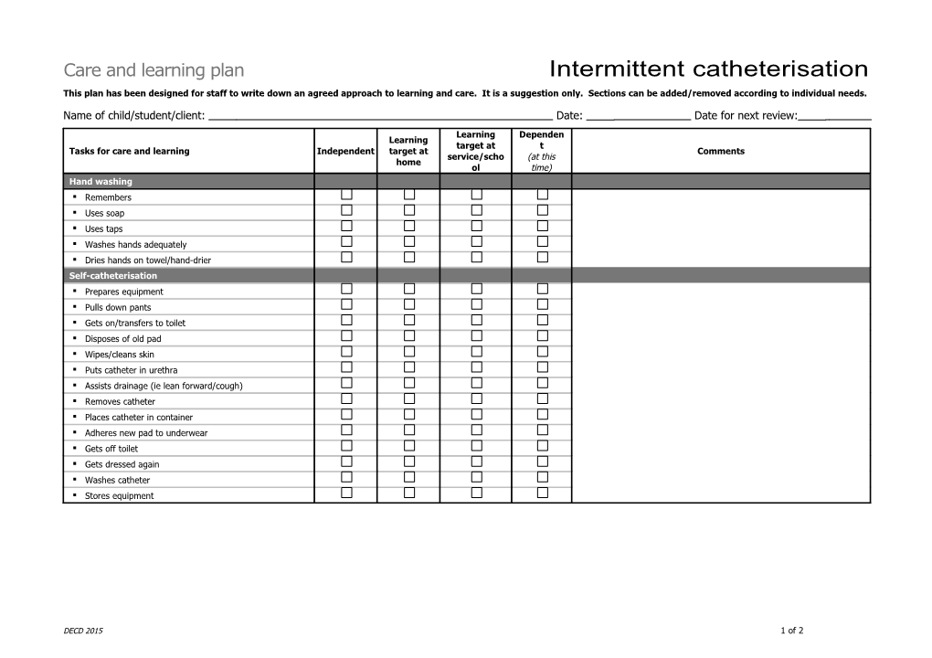 Care and Learning Plan: Intermittent Catheterisation