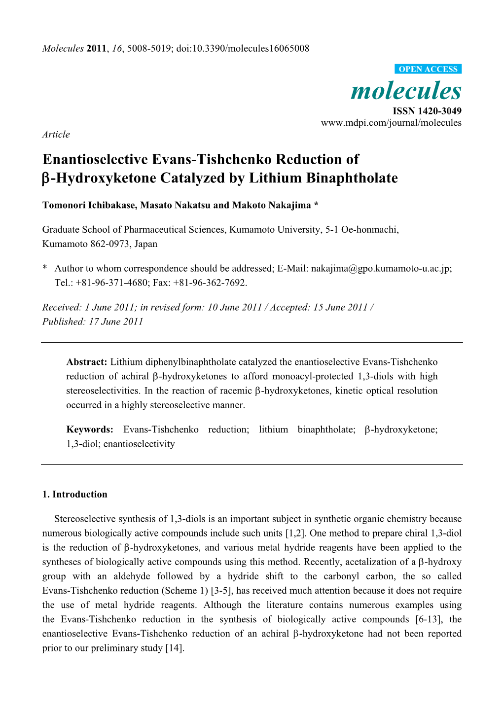 Enantioselective Evans-Tishchenko Reduction of Β-Hydroxyketone Catalyzed by Lithium Binaphtholate