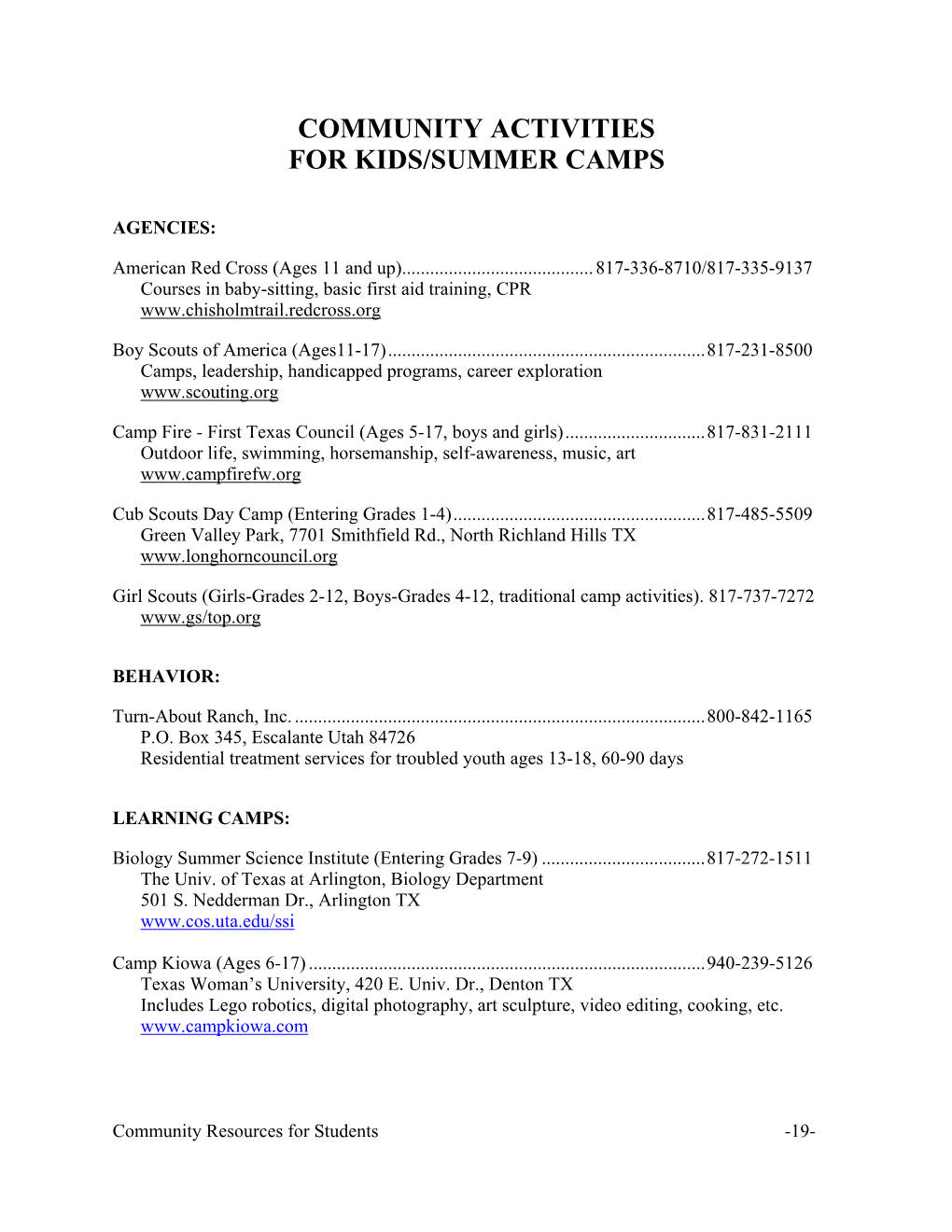 Community Activities for Kids/Summer Camps