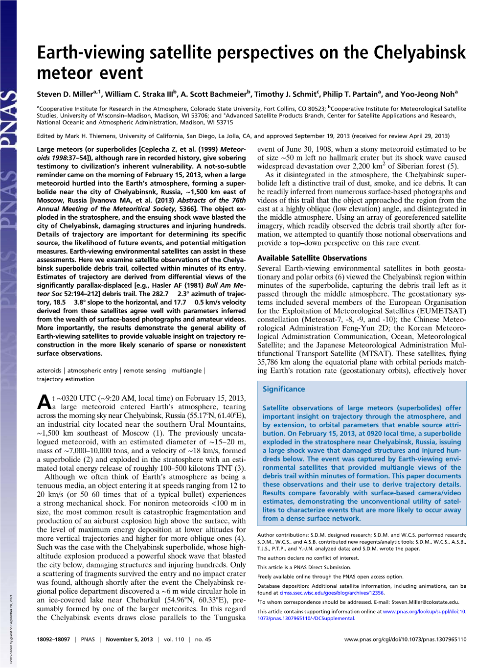 Earth-Viewing Satellite Perspectives on the Chelyabinsk Meteor Event