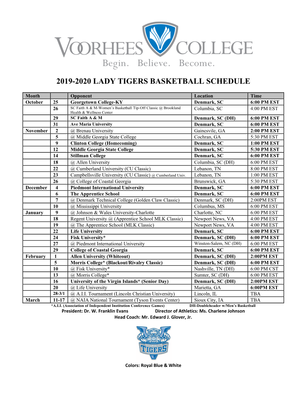 2019-2020 Lady Tigers Basketball Schedule