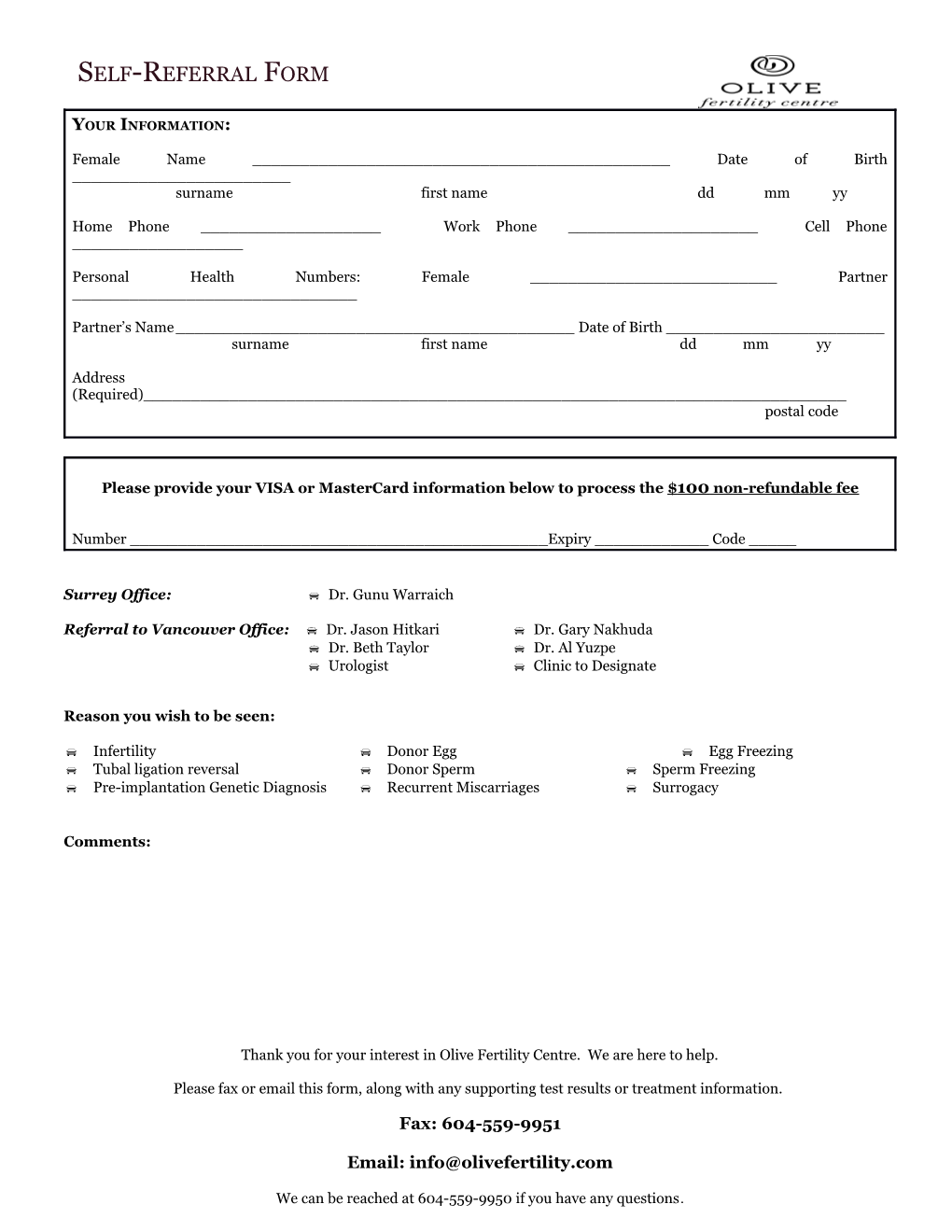 Genesis Fertility Centre, Inc. Referral Form