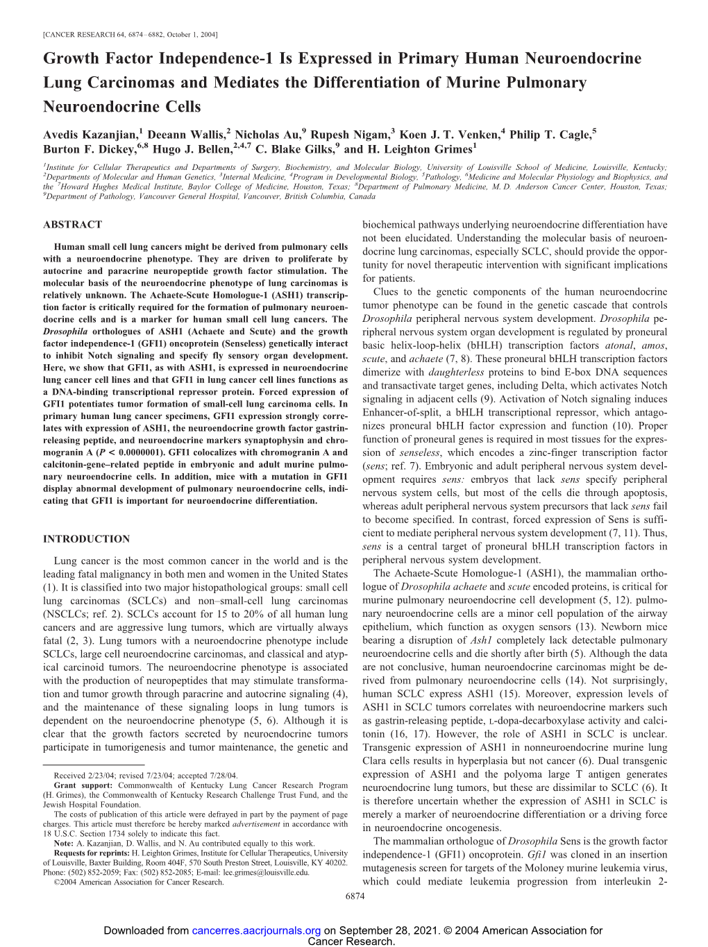 Growth Factor Independence-1 Is Expressed in Primary Human Neuroendocrine Lung Carcinomas and Mediates the Differentiation of Murine Pulmonary Neuroendocrine Cells