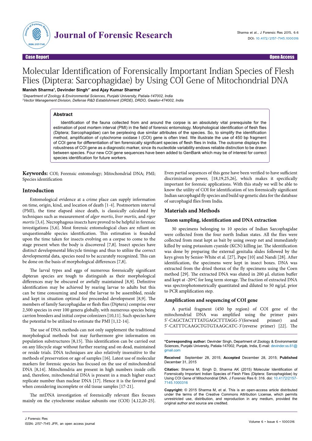 Molecular Identification of Forensically Important Indian Species of Flesh