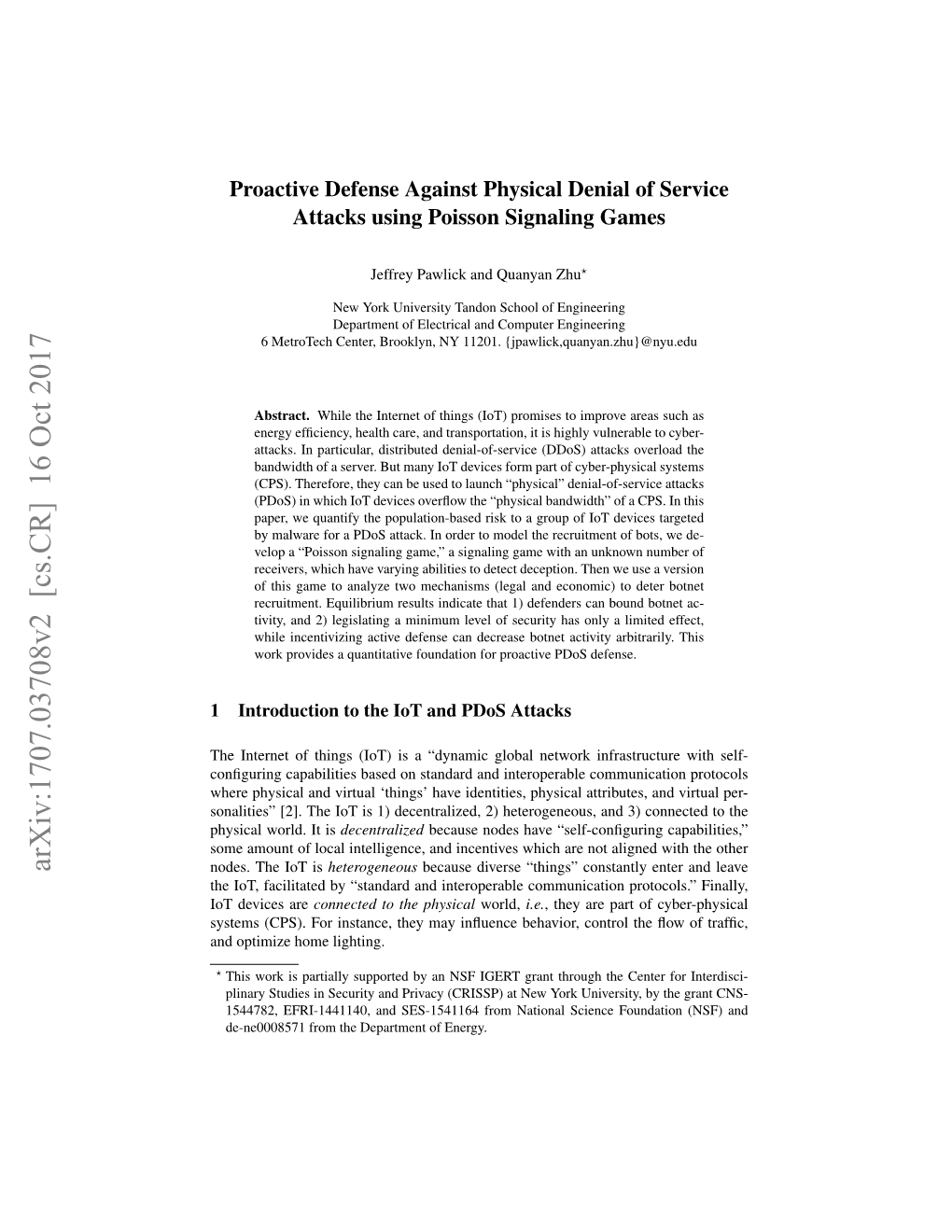 Proactive Defense Against Physical Denial of Service Attacks Using Poisson Signaling Games
