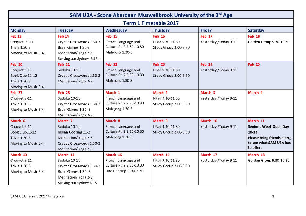 SAM U3A Term 1 2017 Timetable 2