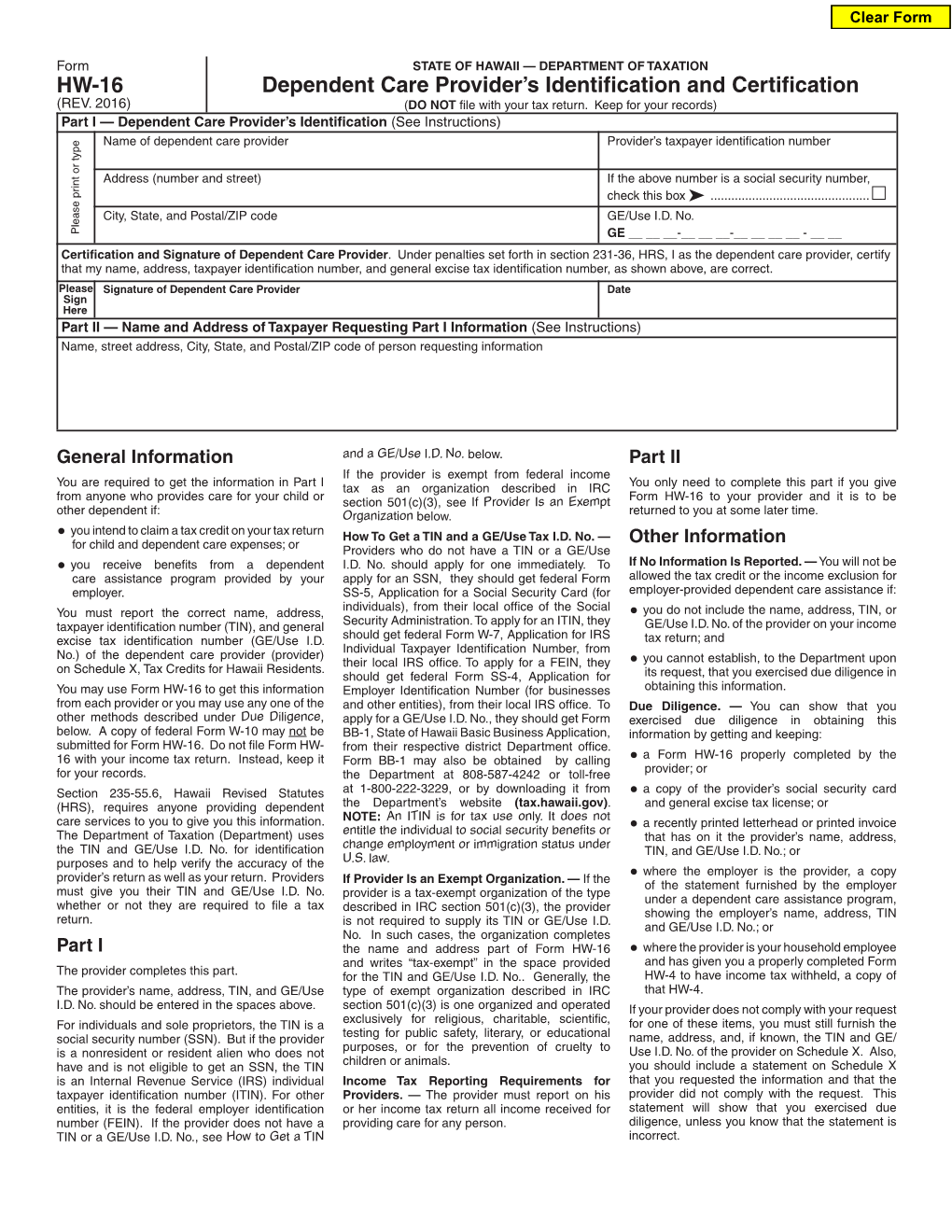 Form HW-16 Rev 2016 Dependent Care Provider's Identification and Certification