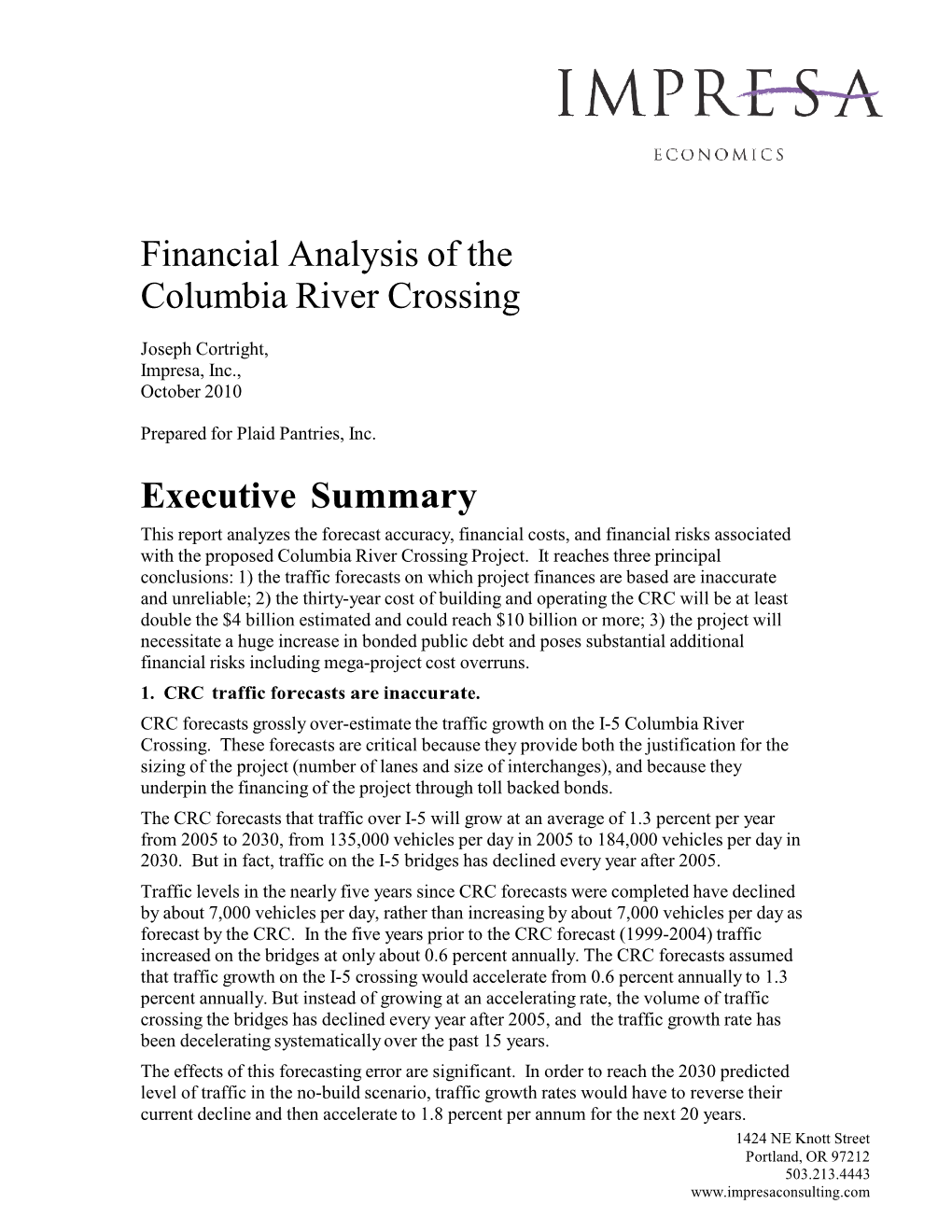Financial Analysis of the Columbia River Crossing Executive Summary