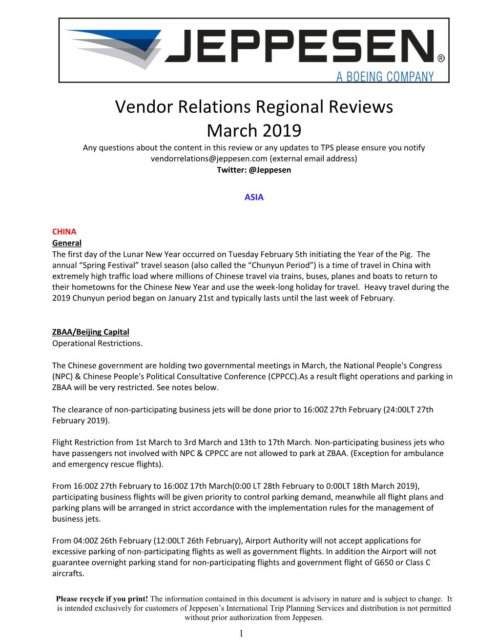 Vendor Relations Regional Reviews March 2019