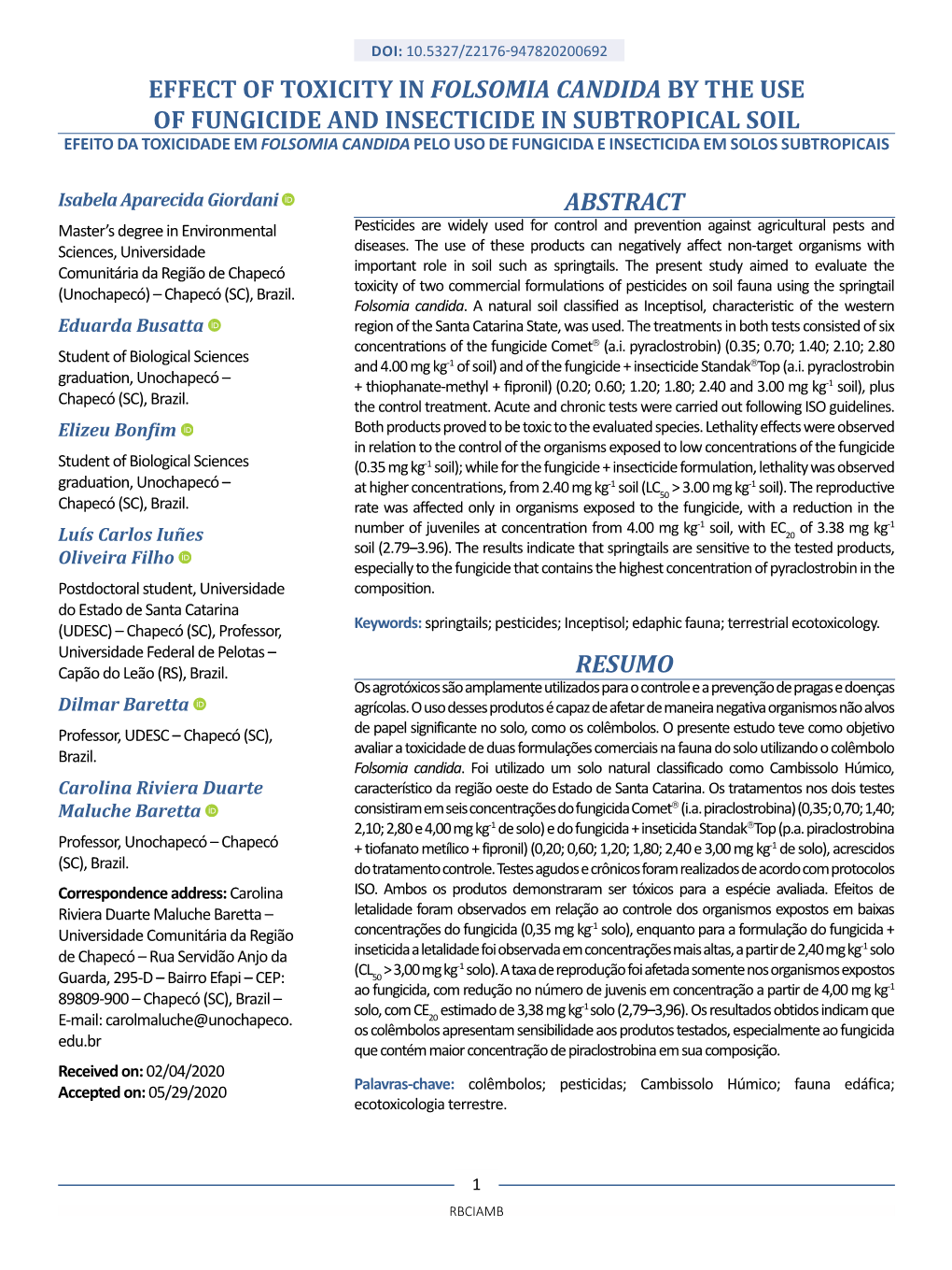 Abstract Resumo Effect of Toxicity in Folsomia Candida