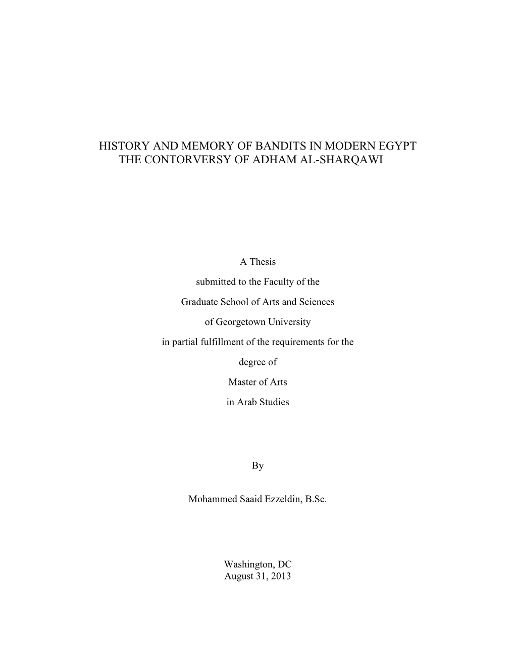 History and Memory of Bandits in Modern Egypt the Contorversy of Adham Al-Sharqawi