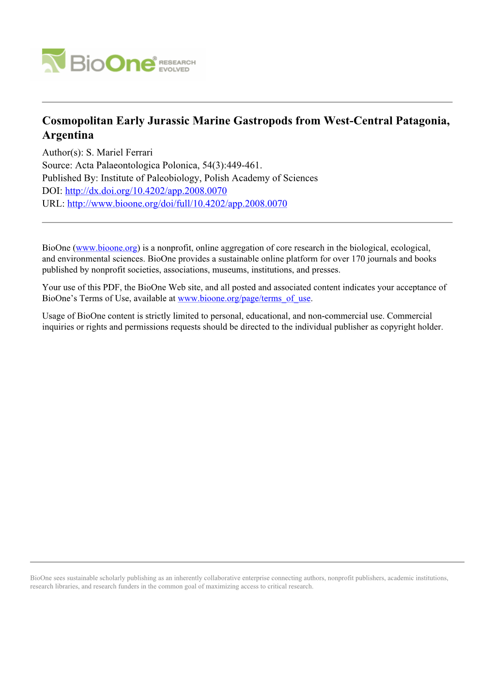 Cosmopolitan Early Jurassic Marine Gastropods from West-Central Patagonia, Argentina Author(S): S