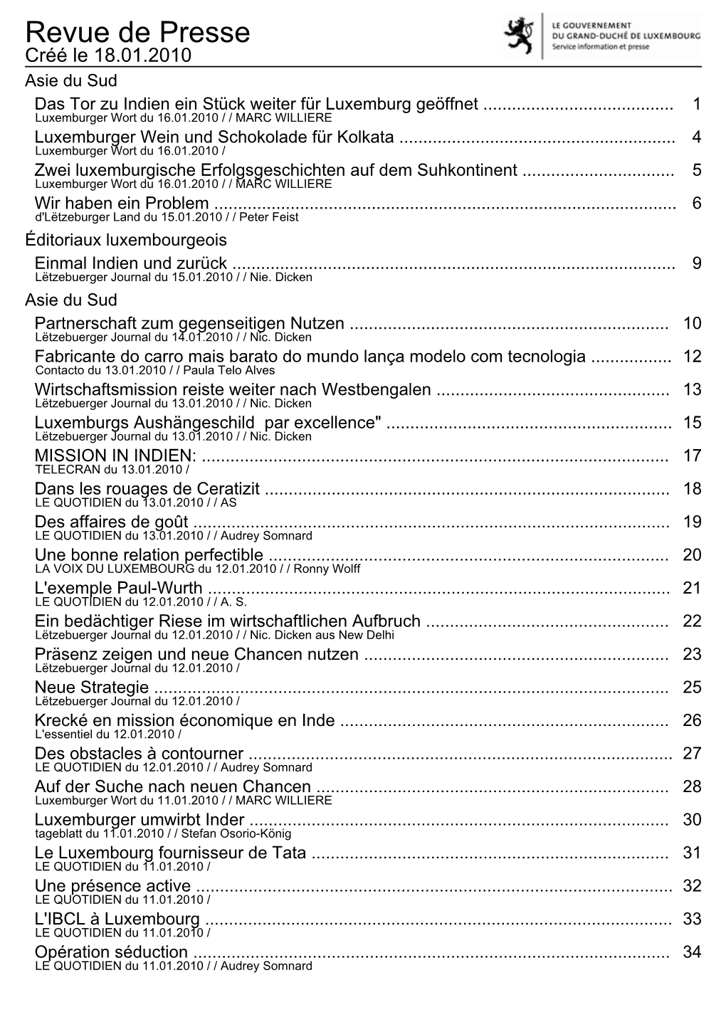 Revue De Presse Créé Le 18.01.2010 Asie Du Sud Das Tor Zu Indien Ein Stück Weiter Für Luxemburg Geöffnet