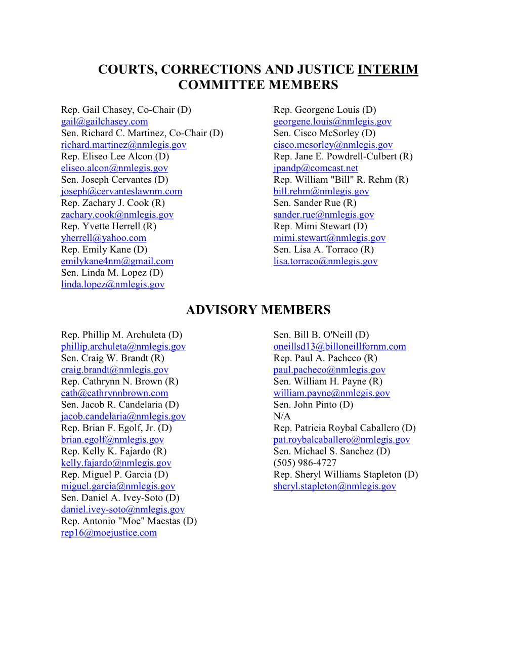 Courts, Corrections and Justice Interim Committee Members